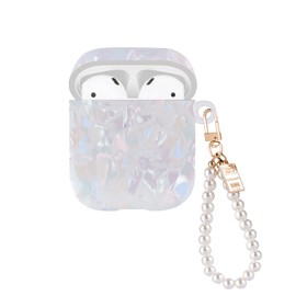 CameCosy Glitter Shell Case for AirPods 1/2 with Pearl Bracelet Keychain, Colorful Sparkle Cute for Airpods 2nd Generation Case TPU Shockproof Protective Cover for Women Girls -White