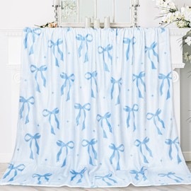 JarThenaAMCS Blue Bow Fuzzy Blanket Blue and White Bowknot Throw Blanket Cute Cozy Flannel Blanket for Home Bed Sofa Couch Chair, 50 x 60 Inch