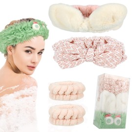 YZHMSZKJ Makeup Headband, Headband for Washing Face (Water Ripple Bow, Fuzzy Big Eyes, Rabbit ears) and 1 Pair Pink Wristbands Soft Coral Fleece Elastic, Spa Headband and Wristband Set