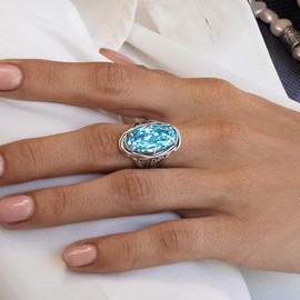 JEAN RACHEL JEWELRY 925 Sterling Silver Ring with Oval Shaped Cubic Zirconia -Floral Wire Wrap Vintage Design-Hypoallergenic,Nickel & Lead-free-Artisan Handcrafted Statement Rings for Women,Aquamarine