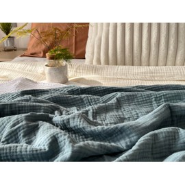 KyraHome 100% Organic Cotton 90"x90" Queen Muslin Blanket for Adult Bed, Plant Dyed, Breathable Lightweight Coverlet Soft Gauze Summer Fall Blanket, All Season (Slate Blue)
