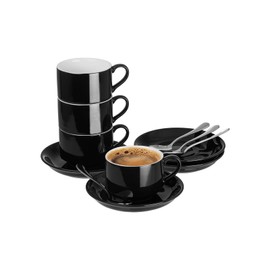 Meichu 2.5oz Stackable Espresso Cups and Saucers Set with Stainless Steel Spoons for 4, Ceramic Demitasse Cups, Durable Porcelain Coffee Cups for Hot Drinks, Tea, Gifts-Black