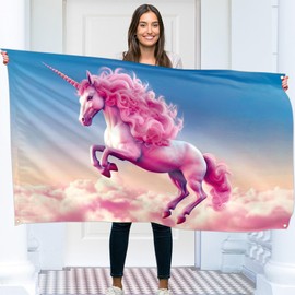 Unicorn Flag Banner - Pink Funny Flag - 110Den polyester - Double Seam - 4 brass eyelets, large 5ft x 3ft