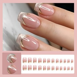 24 Pcs Ombre Pink Press On Nails Short Square,YEFIUO Glitter Cat Eye French Fake Nails Press ons Nail Art Tips Acrylic Nail Kit Glue on Nails Full Cover Summer False Nails with Glossy Design for Women