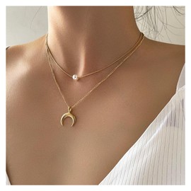 Andelaisi Boho Pearl Choker Necklace Gold Moon Necklace Chain Layered Moon Pendant Necklace Vintage Pearl Bead Necklace Chain Jewelry for Women and Girls