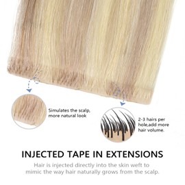 COOKAYU Invisible Tape in Hair, Ash Blonde and Platinum Blonde Seamless Injected Tape in Human Hair Extensions 20pcs/pack 20Inch 45g Invisi Edge Extensions