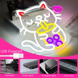 Cat Boba Tea Neon Sign for Wall Decor Dimmable Bubble Tea Neon Sign Cute Cat Led Neon Light for Milk Tea Shop Dimsum Store Cafe Bar Kitchen Restaurant Kids Bedroom Decoration Gift
