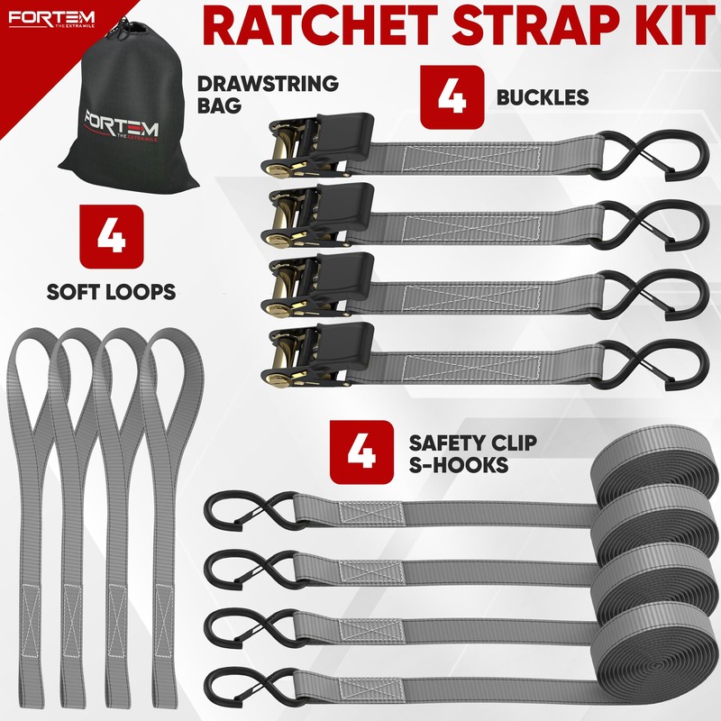 FORTEM Ratchet Straps, 2300lb Break Strength, 4 Pack 15ft x