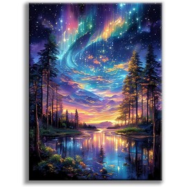 Starry Night Stamped Cross Stitch Kits for Adults - Lake Tree Embroidery Kits for Beginners Adults,11 CT Patterns Dimensions Counted Cross Stitch Kits for Adults Arts Craft 12x16 inch
