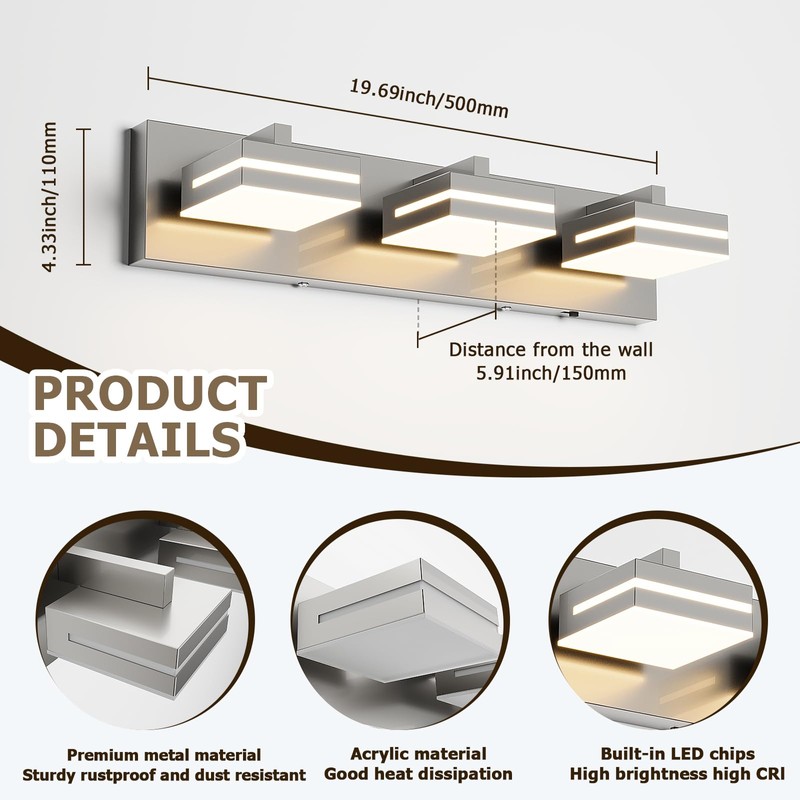 Joossnwell Brushed Nickel Vanity Lights for Bathroom Light Fixtures (3-Light,