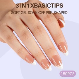 Misssix X-BASIC TIPS Uñas postizas francesas, 150 unidades, uñas de gel francesas cortas almendra, gel suave preformado, sin lima, 3 en 1, uñas postiz