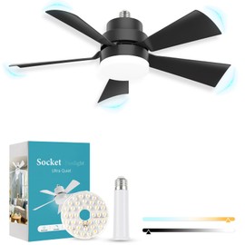 We Charger Socket Fan Light, E26 E27 Screw in Ceiling Fans with 1 Spare Lightbulb, Light Fan with Lights Dimmable for Kitchen Garage Laundry Room Black