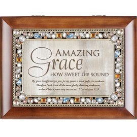 Cottage Garden Amazing Grace Walnut Wood Finish Jeweled Lid Jewelry Music Box Plays Tune Amazing Grace
