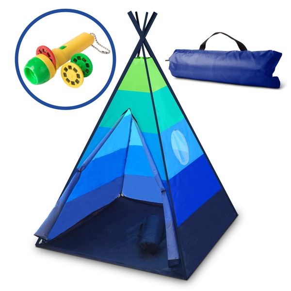 USA Toyz Happy Hut Kids Play Tent - Indoor Teepee Tent for Kids with Projector Toy and Portable Play Tent Storage Carry Bag (Blue)