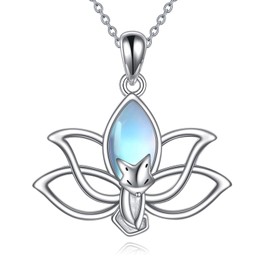 YAFEINI Fox Necklace Sterling Silver Moonstone Pendant Lotus Necklace Cute Animal Fox Jewellry Gifts Woman