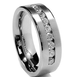 Metal Masters 8 MM Men's Titanium Ring Wedding Band with 9 Large Channel Set Cubic Zirconia CZ Size 12
