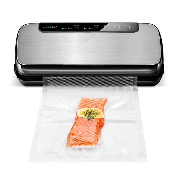 NutriChef PKVS Sealer | Automatic Vacuum Air Sealing System Preservation w/Starter Kit | Compact Design | Lab Tested | Dry & Moist Food Modes | Led Indicator Lights, 12", Stainless Steel