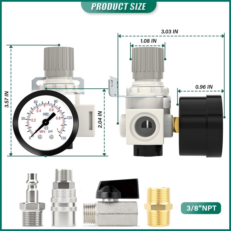 BOGERDACK 3/8" NPT Air Compressor Regulator, with 0-150 PSI Gauge,