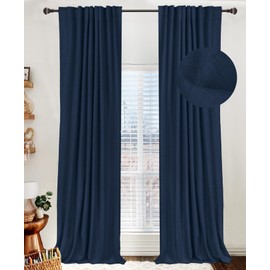 100% Blackout Shield Linen Blackout Curtains for Bedroom 84 Inches Long, Back Tab/Rod Pocket Living Room Drapes, Thermal Insulated Blackout Curtains 2 Panels Set, 50" W x 84" L, Midnight Blue