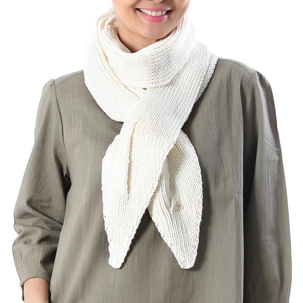 NOVICA Artisan Handmade Cotton Scarf Knit Wrap in Eggshell from