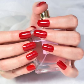Glossy Press On Nails Classical Red False Nails Medium Length Squoval Women Girls Nail Art Tips Salon DIY Manicure Reusable Acrylic Fake Fingernails Nails for Daily Office Home