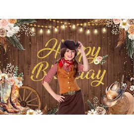 Western Cowgirl Birthday Backdrop Rustic Wooden Retro Boho Flower Pampas Grass Photography Background Banner West Girl Birthday Party Decoration Photo Booth Props (7X5FT)