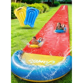 JAMBO 40Ft 3XL Updated Mega Slip Splash and Slide and 2 Bodyboards, Heavy Duty with Inflatable Crash Pad, Slide Splash Mat Outdoor Splash Mat n Backyard Water Toys