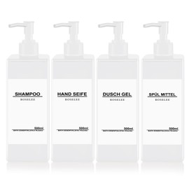 Roselee Set of 4 Soap Dispensers, 500 ml Soap Dispenser, Shower, Plastic Pump Dispenser with Funnel and Waterproof Labels, Shampoo Dispenser for Kitchen, Bathroom, White