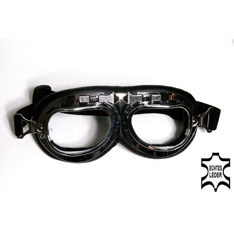 Motorradbrille schwarz klare Gläser verchromter Rahmen ECHT LEDER