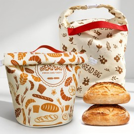 3D Round Bottom TPU Lined Bread Bags for Homemade Sourdough Bread, Set of 2 Large Reusable Canvas Loaf Bags with Zipper & Buckle Closure, Washable alternative to Beeswax