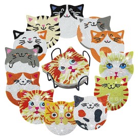 Mulaibdin 12 PCS Diamond Painting Art Coaster Set, Cat Theme DIY Diamond Art Kits with Holder, Non Slip Cup Mat, Art Supplies Crafts Kit for Adults Beginners DIY Coasters