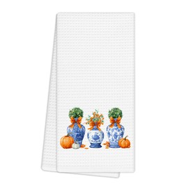 EGBTL Fall Chinoiserie Topiary Tree Pumpkin Kitchen Towels, Grandmillennial Autumn Pumpkin Hand Towels for Bathroom Decor, Fall Thanksgiving Harvest Dishcloths Dish Towel for Kitchen 16x24 Inches