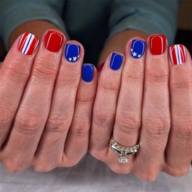 4th of July Press on Nails Short Square SWEKKE Patriotic Fake Nails False Nails with Stars Stripes Designs White Blue Red Glossy Glue on Nails Acrylic Nails for Women Girls 24Pcs