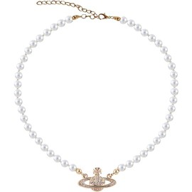 YURESEN Saturn Pearl Necklace White Pearl Bead Choker for Women Teen Girls, Crystal Rhinestone Constellation Planet Necklace for Girlfriend Confessions Weddings (Gold1)