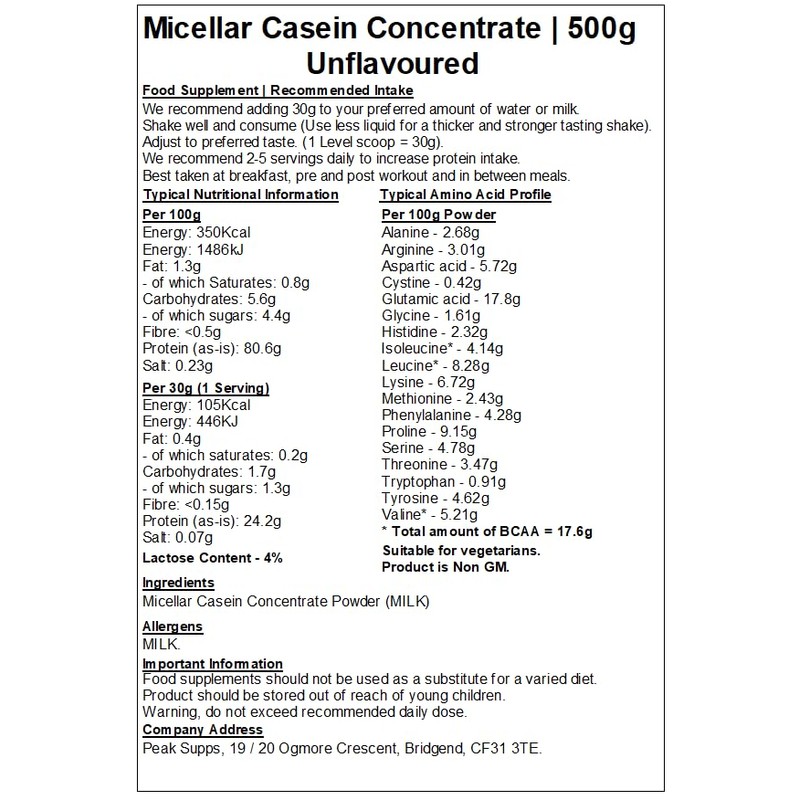 Micellar Casein Concentrate Protein Powder - All Flavours (500g, Unflavoured)