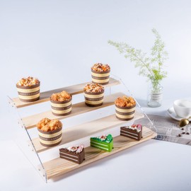 PACKGILO 1 Pack Large 4 Tier Acrylic Display Stand 16*10.6*6.3 inches for Figures Wooden Risers Display Case for Craft Fair Acrylic Cupcake Stand for Dessert Table Cologne Organizer for Men
