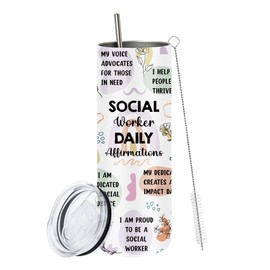 MoYueno Social Worker Gifts, Slim Workers Tumbler 20 Oz, Social Worker Daily Affirmations Skinny Tumbler with Lid & Straw & Brush, Social Worker Stainless Steel Cup, Social Worker Gifts for Women