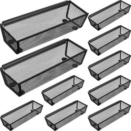 10 Pcs Drawer Organizer Silverware Drawer Organizer Mesh Utensil Drawer Organizer for Kitchen Drawer Silverware Tray with Interlocking Arm for Flatware Fork Spoon Knife Makeup, 9 x 3 x 2 Inch, Black