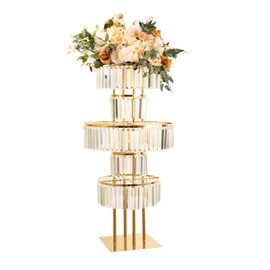 Bigsee Wedding Gold Vases Centerpieces Crystal Flower Stand with Hanging Crystals, 5 Tier Round Chandelier Pedestal Stand for Wedding Road Lead T Stage Flower Arrangement Decoration