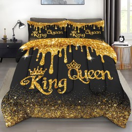 Pamnest Comforter Set Twin Size, King Queen Black Gold 2 Pcs Soft Bedding for Kids and Adults, Cup Royal Love Comforter Set with Pillowcase, for Bedroom Bed Decor