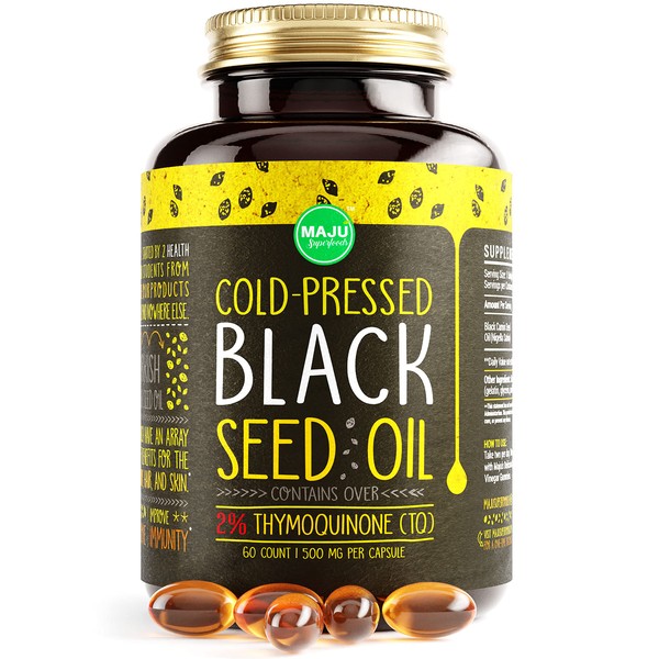 MAJU's Black Seed Oil Capsules - Cold Pressed, 2% Thymoquinone, 100% Turkish Black Cumin Nigella Sativa Seed Oil, 100% Liquid Pure Blackseed Oil 60 Count, 500mg per Capsule