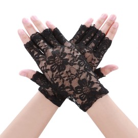Yolev Women Black Short Lace Fingerless Gloves Floral Tea Party Gloves for Wedding Prom Halloween Party