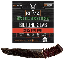 Boma Biltong Slab (Spicy Peri-Peri) - Grass Fed, Grass Finished Air-Dried Beef Snack, Keto, Paleo, Whole30 Friendly, Carnivore Diet, South African Beef Jerky, Gluten Free, Soy Free, No Nitrates, No Hormones, No Antibiotics, No MSG, (8 Ounce)