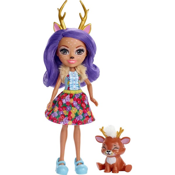 Mattel Enchantimals Danessa Deer Doll & Sprint Figure, 6-inch small doll, with long purple hair in pigtails, animal ears, antlers and tail, removable skirt, shrug and shoes, Gift for 3 to 8 Year Olds