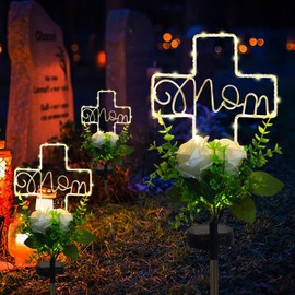 Lmtocs Solar Grave Decorations for Cemetery Mom, Exclusive to Mom Memorial Cemetery Decorations, Waterproof Solar Cross Lights with Rose Flower for Christmas Mother Day Memorial Day Decor