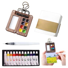 Mini Watercolour Paint Set Travel Watercolour Set 8-Grid Wooden Portable Watercolor Palette with 12 Colors Watercolor Paints, Includes Sketchbook & Watercolor Brush – Perfect for Artists, Beginners an