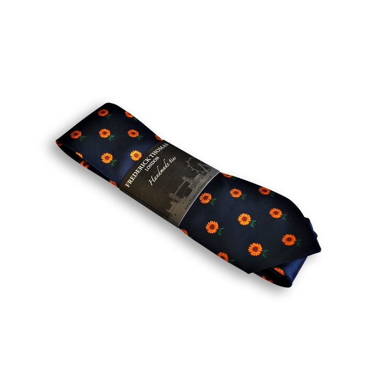 Frederick Thomas Navy Blue Mens Tie with Sunflower pattern