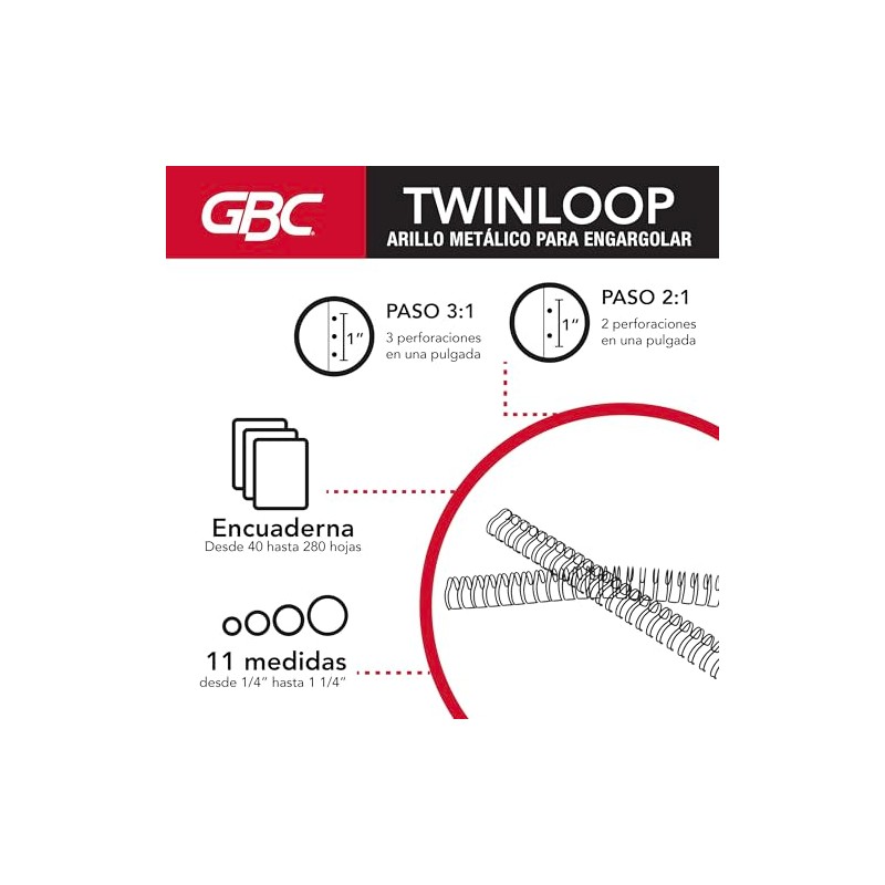 GBC Arillo Metálico Twin Loop 3:1-9/16" para Engargolar, Color Negro,