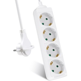 EXTRASTAR 4-Way Power Strip, Flat Plug Multiple Socket with 3 m Cable, Flat Plug with Child Lock, 16 A/3680 W, White