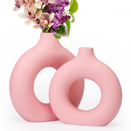 2-Pack Light Pink Ceramic Vase for Modern Home Decor, Round Matte Pampas Flower Vases Minimalist Nordic Boho Ins Style for Wedding Dinner Table Party Living Room Office Bedroom, Vase Decorative